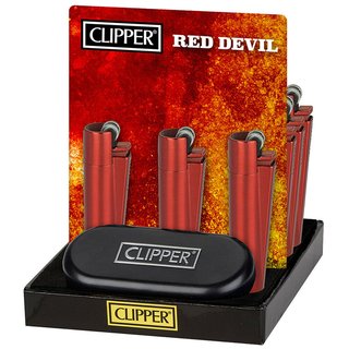 CLIPPER Feuerzeug RED DEVIL Metall Gas Normalflamme einstellbar wiederbefüllbar 12 Feuerzeuge im Display