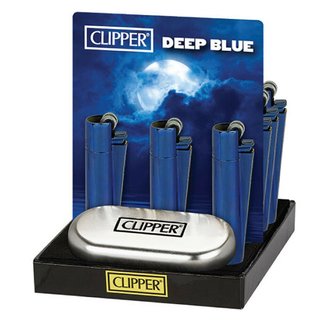 CLIPPER Feuerzeug DEEP BLUE Metall Gas Normalflamme einstellbar wiederbefüllbar 12 Feuerzeuge im Display