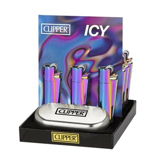 CLIPPER Feuerzeug ICY Metall Gas Normalflamme einstellbar wiederbefüllbar 12 Feuerzeuge im Display